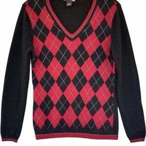Red Moon Cashmere Preppy Women Large Argyle V Neck Red Black‎ Diamond Sweater